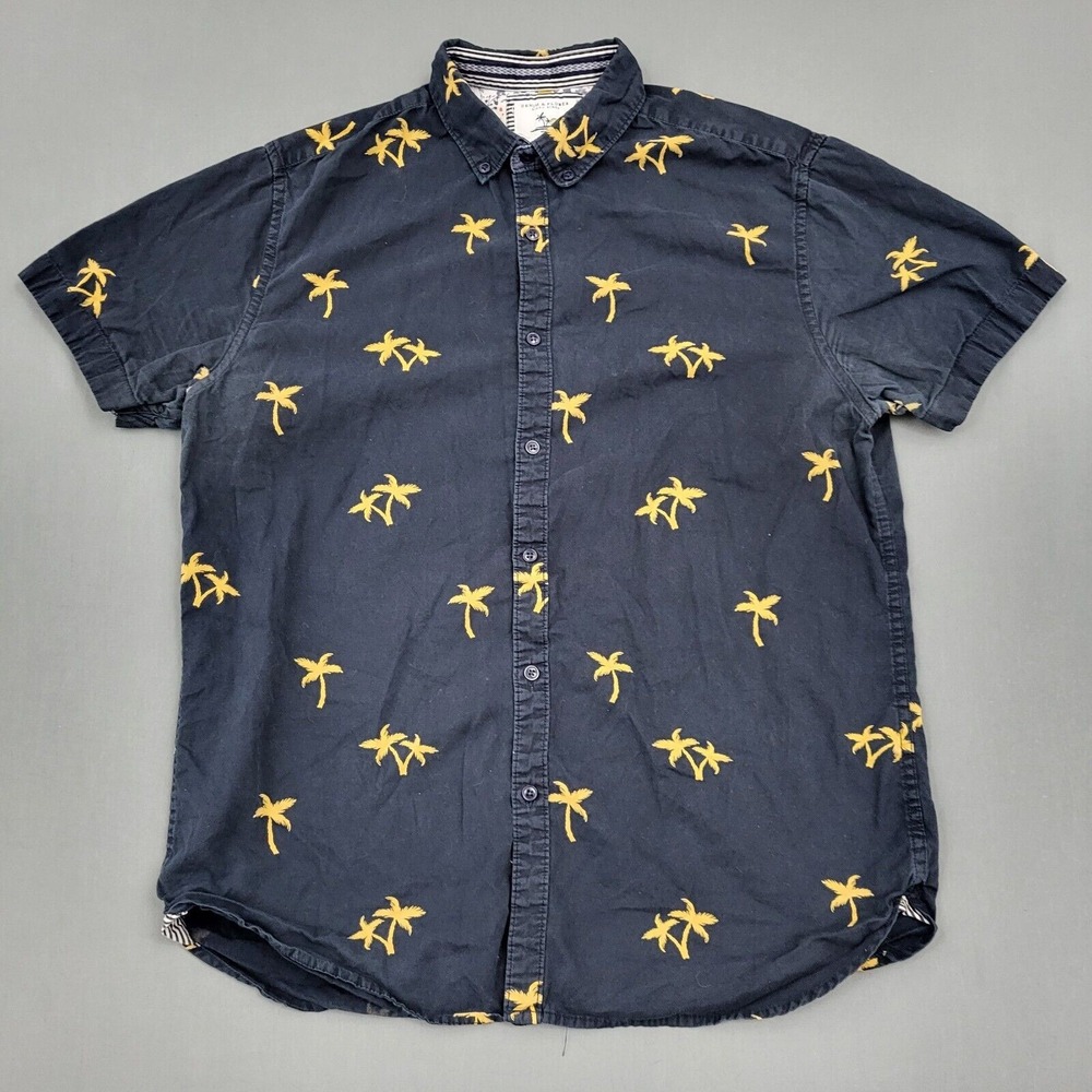 Denim & Flower Shirt Mens Medium M Short Sleeve Button Up Palm Trees Blue *